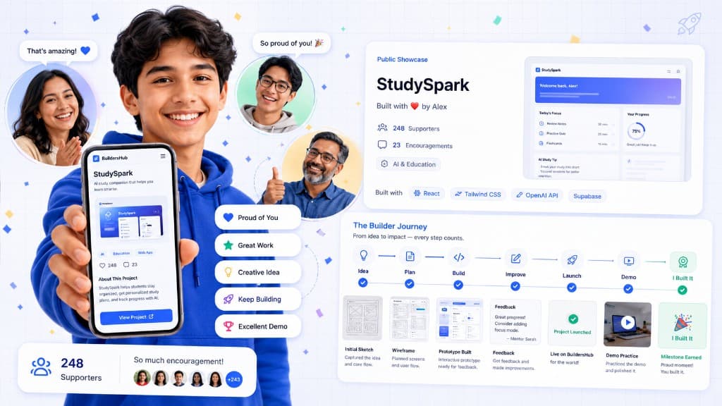 A builder sharing StudySpark while friends, parents, and a mentor send encouragement and reactions.