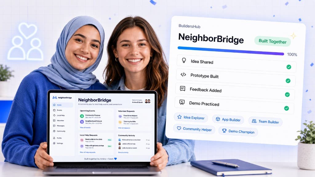 Two builders smiling together while showing NeighborBridge, their community app built as a team.