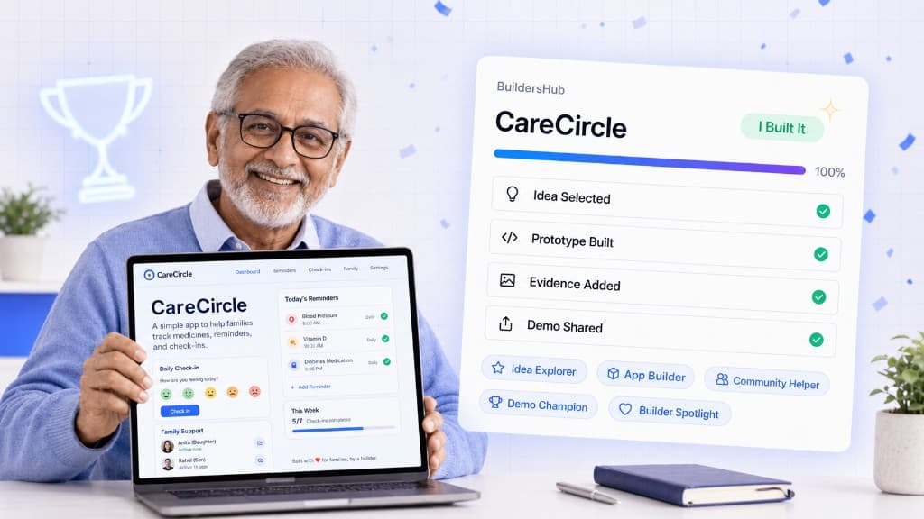An older builder showing CareCircle, a family medicine reminder app with a Builder Spotlight achievement.